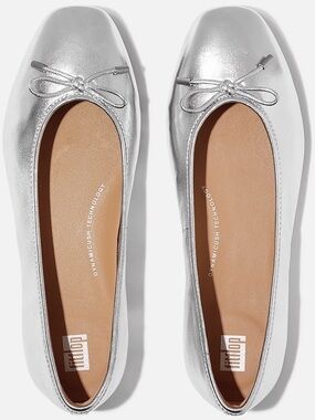 FitFlop Metallic Silver Leather Ballet Flats with Bow